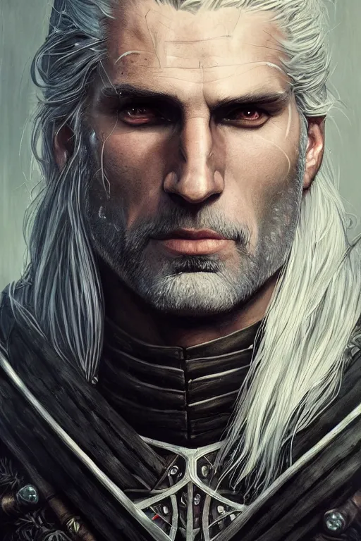 Prompt: portrait of Geralt, gothic armor, Warhammer-inspired, fantasy, intricate, beautiful eyes and flowing hair, realistic, cinematic lighting, highly detailed, digital painting, Artstation, concept art, smooth, sharp focus, illustration, art by Artgerm and Greg Rutkowski and Alphonse Mucha