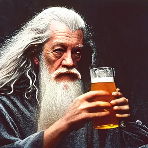 Image similar to photo portrait of gandalf drinking a beer, by annie leibovitz, sharp focus