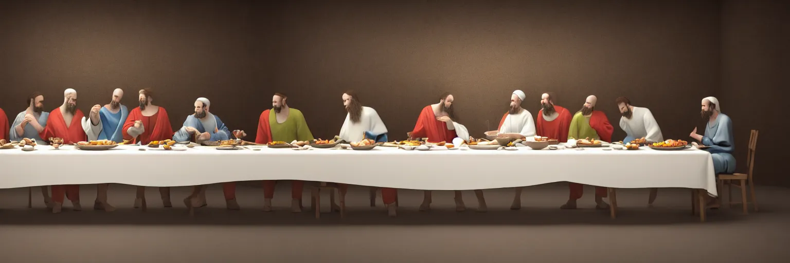 Image similar to hyper realistic photo of the last supper with an empty table, octane render