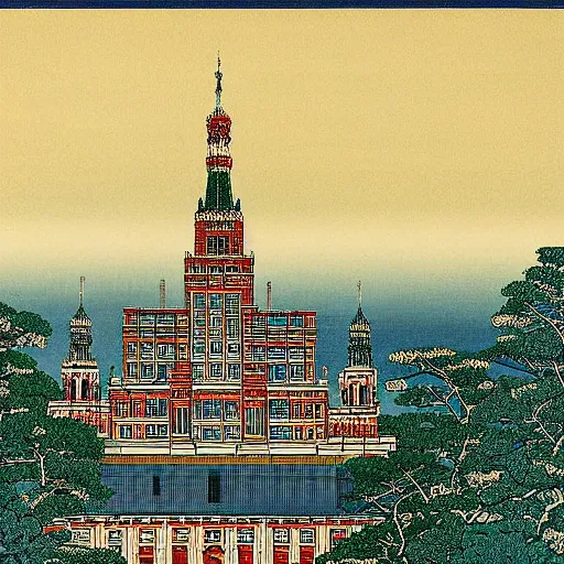 Image similar to moscow state university main building by katsushika hokusai