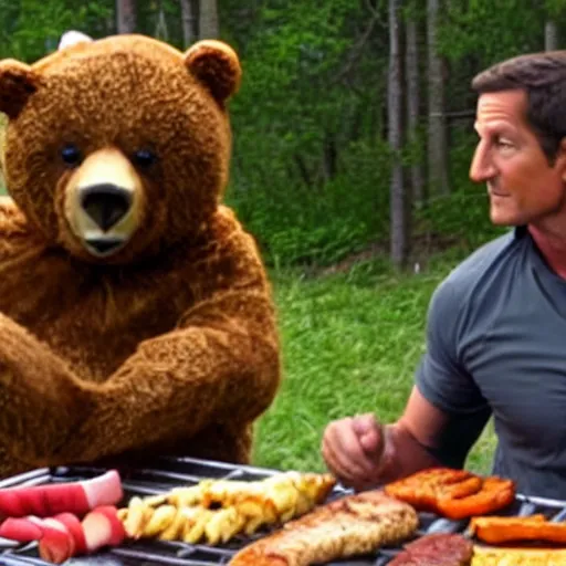 Image similar to film still of bear grylls in a bear costume at a bbq grill party
