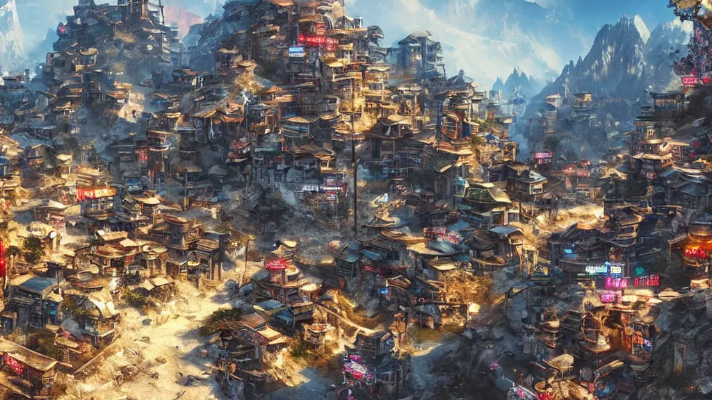 Prompt: small oriental mountainside village in cyberpunk style, fantastical epic, hyperrealistic, highly detailed, 4 k hd