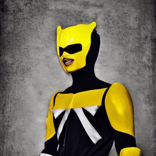 Prompt: drew carry as the yellow power ranger, digital photography, high detailed