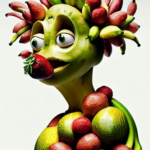 Prompt: banana dryad, megan fox editorial by malczewski and arcimboldo, fruit dryad sculpture by arcimboldo, stil frame from'cloudy with a chance of meatballs 2'( 2 0 1 3 ) of banana dryad, banana hybrid megan fox editorial by arcimboldo, banana 🍌