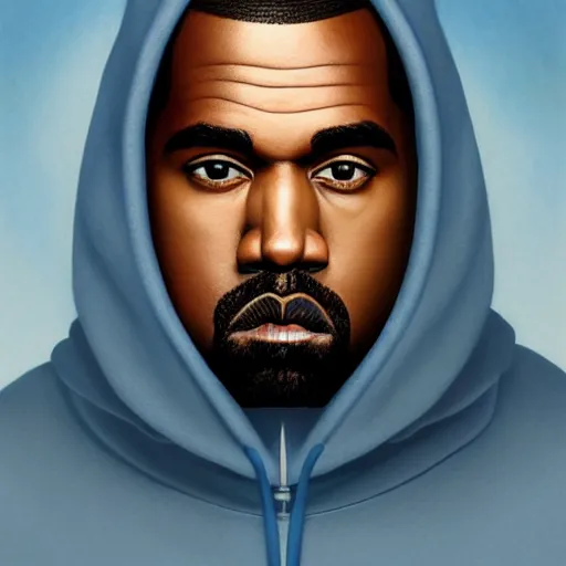 Prompt: Masterpiece head and shoulders portrait of Kanye West with a blue hoodie on drawn by Donato Giancola and Tom Bagshaw and Julie Bell, face by Artgerm, overall design by Alphonse Mucha, background by James Jean and Gustav Klimt, 4k, porcelain skin, komorebi, french nouveau, trending on artstation, octane render, hyperrealistic