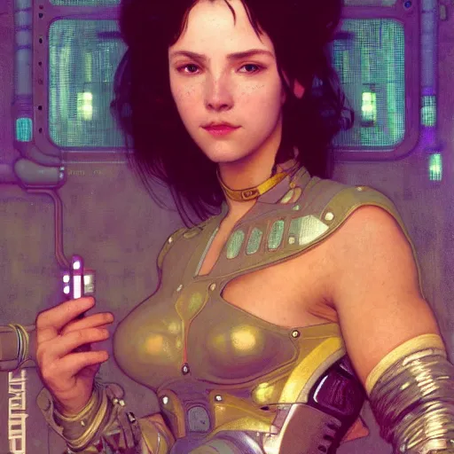 Prompt: cyberpunk woman | powerful | hyperrealistic | lush background | sci fi environment | action pose | digital painting | trending on artstation | pinup portrait | clean | illustration | dressed | unreal engine 5 | 8 k resolution | by greg rutkowski j. w. waterhouse alphonse mucha gustav klimt and mel ramos