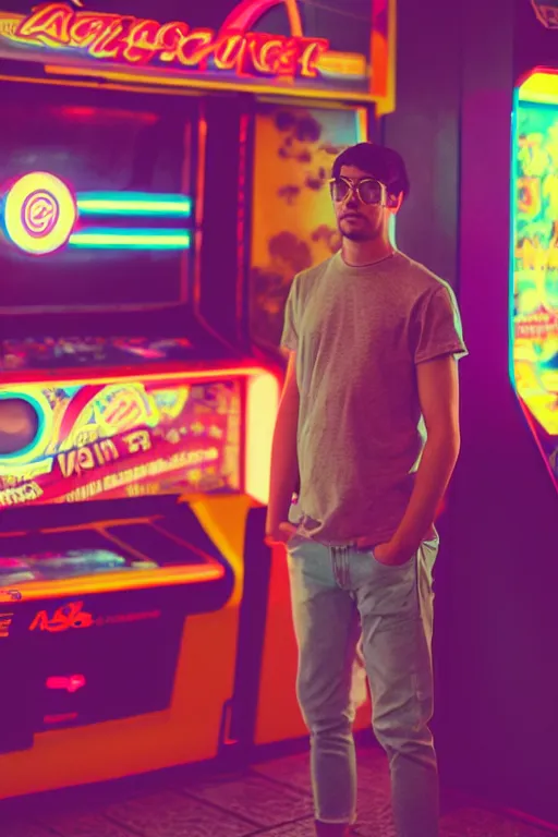 Prompt: agfa vista 4 0 0 photograph of a guy standing in front of an arcade machine, synth vibe, vaporwave colors, lens flare, moody lighting, moody vibe, telephoto, 9 0 s vibe, blurry background, grain, tranquil, calm, faded!,