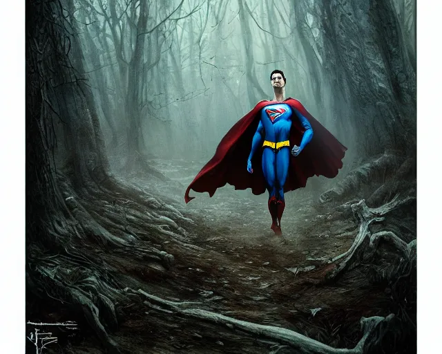 Prompt: 5 5 mm portrait photo of a undead rotting superman in a magical forest. magical atmosphere. art by greg rutkowski and luis royo. highly detailed 8 k. intricate. lifelike. soft light. nikon d 8 5 0.