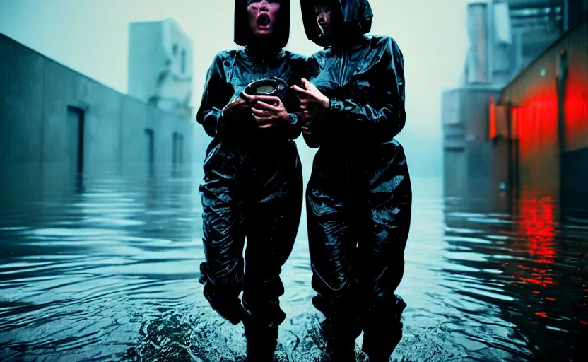 Image similar to cinestill 5 0 d candid photographic portrait by steve mccurry of two loving female androids sobbing wearing rugged black mesh techwear in treacherous waters, flooded city, long shot, retrofuturism cyberpunk moody emotional cinematic, pouring iridescent rain bright spotlight helicopter, 8 k, hd, high resolution, 3 5 mm, f / 3 2, ultra realistic faces, ex machina