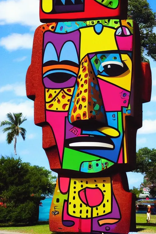 Prompt: moai statue popart slap face caricature cartoon graffity colorful vibrant beeple, by thomas kinkade simpson family art contest romero britto, mark ryden bill cipher