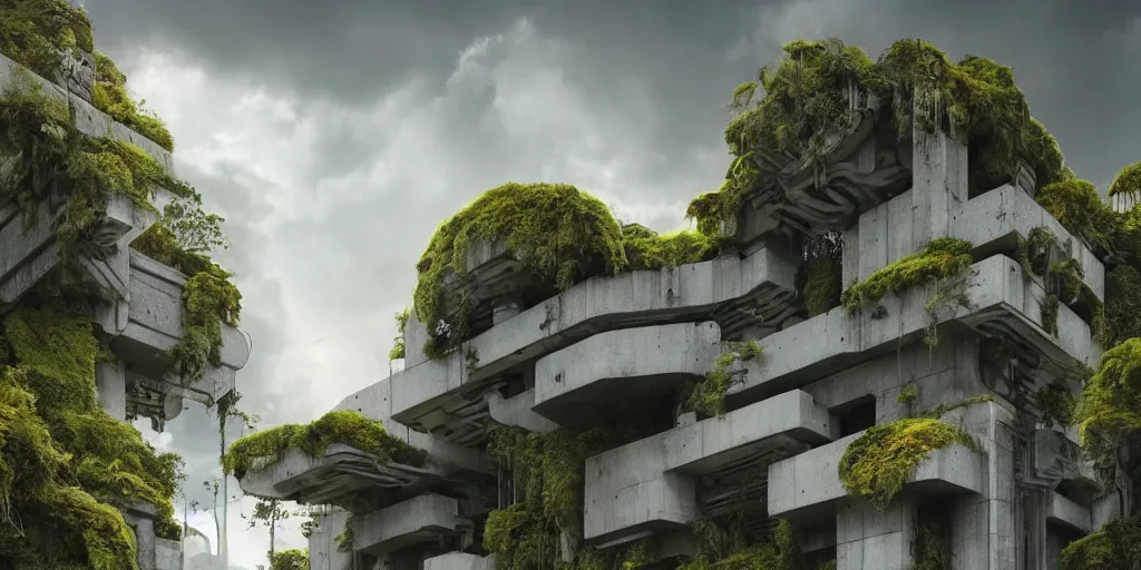 Prompt: concrete architecture with moss and ivy growing all over, futuristic, late afternoon light, dramatic clouds in a blue sky, by frank lloyd wright and greg rutkowski and ruan jia