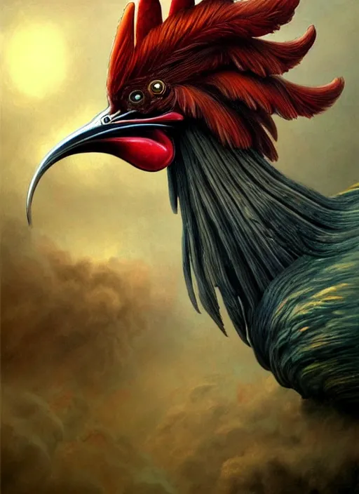 Prompt: realistic detailed image of a rooster feather blowing in an angry and stormy chicken coop, anime art, anime, inspired by H.R. Giger and Zdzislaw Beksinski and Mark Ryden, gothic, rich deep colors. A masterpiece, matte painting, digital art, trending on artstation.
