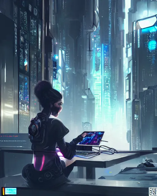 Prompt: realistic female artist creating art on her computer, cyberpunk city, artstation trends, sci fi concept art, highly detailed, intricate, sharp focus, digital art, 8 k,