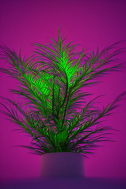 Prompt: beautiful close up wide shot from below of psychedelic plant in a pot growing in infinite recursion, clear dark background, object spotlight, octane render, HD, 8k, hyper realism, beautiful color pallet, epic, synthwave art style hyper-realistic redshift render, 8k resolution + raytracing octaine render