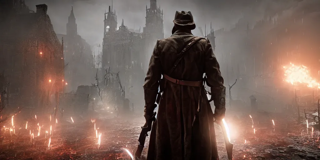 Prompt: mix between battlefield 1 and bloodborne, terrifying, brightly colored, dark