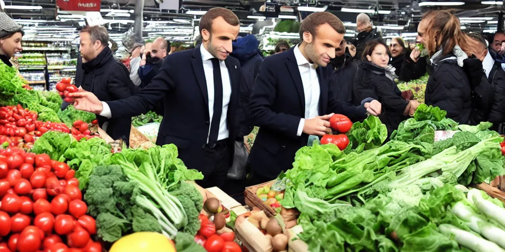 Prompt: macron buying vegetables in a supermarket