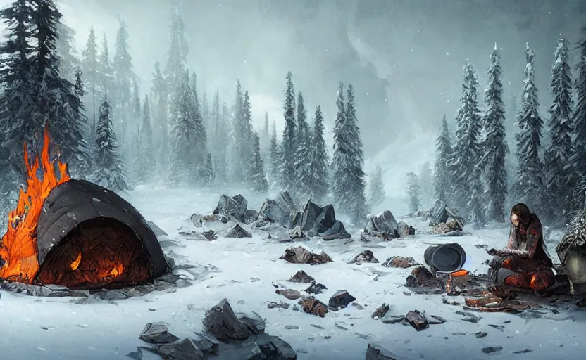 Prompt: a vast snowy tundra, sparse pine trees, scattered broken ancient ruin structures, campfire with a cookpot, fur tent, fantasy digital painting, stunning intricate details, artwork by ross tran and greg rutkowski
