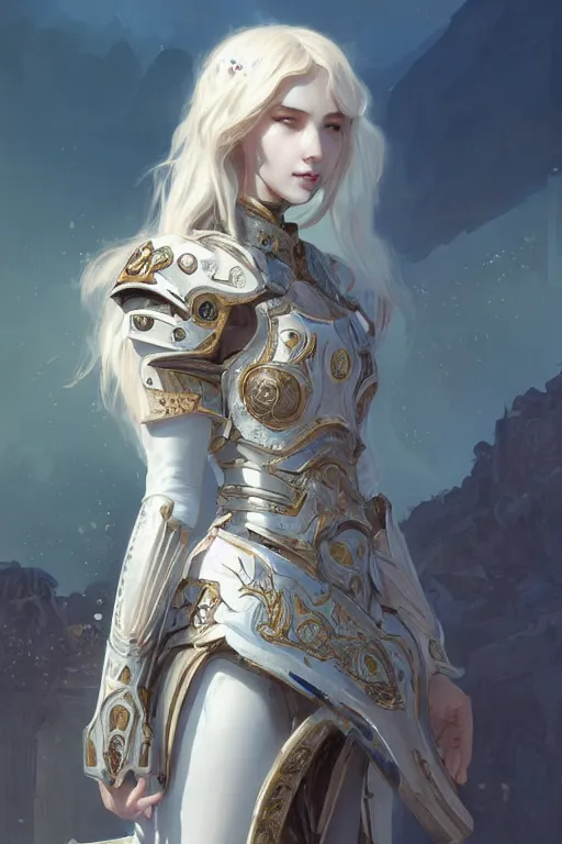 Image similar to portrait young knights of Zodiac girl, matt white color armor, in ruined Agora of Athens Sunrise, ssci-fi and fantasy, intricate and very beautiful and elegant, highly detailed, digital painting, artstation, concept art, smooth and sharp focus, illustration, art by tian zi and WLOP and alphonse mucha