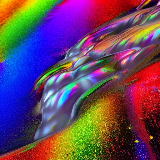 Image similar to a lot of multicolored rainbow iridiscent water splashes, water explosion, render, octane render, 3 d, unreal engine, raytracing, 8 k