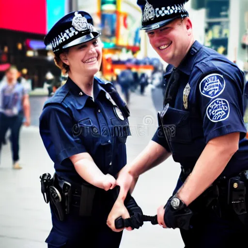 Image similar to a police officer handcuffing another police officer, both smiling, time square, stock photography, award - winning,