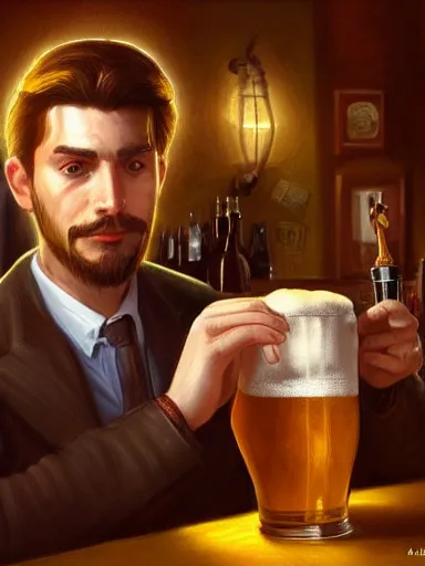 Image similar to a young handsome guy, drinking draffted beer in a pub. intricate, elegant, highly detailed, digital painting, artstation, concept art, sharp focus, illustration, by justin gerard and artgerm, 8 k