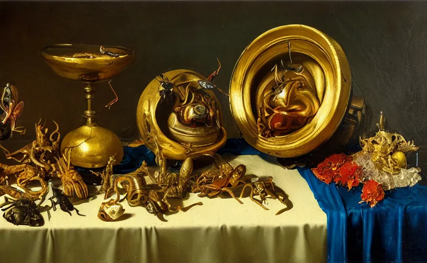 Image similar to disturbing colorful oil painting dutch golden age vanitas still life with bizarre objects strange gooey surfaces shiny metal bizarre insects rubber silk rachel ruysch dali todd schorr very detailed perfect composition rule of thirds masterpiece chiaroscuro canon 5 0 mm, cinematic lighting, photography, retro, film, kodachrome