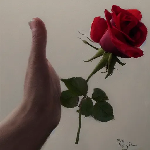 Image similar to hyperrealistic hand holding a red rose by ruan jia and greg rutkowski