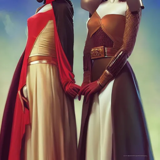 Image similar to princess leia organa and queen padme amidala holding hands, perfect face, perfect body, flirty, full body portrait, digital art by artgerm