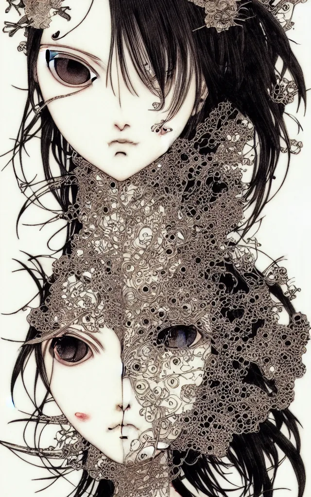 Image similar to prompt: Fragile looking face drawn by Yoshitaka Amano and Takato Yamamoto, ceramic looking face, cyber parts inspired by Evangeleon, clean ink detailed line drawing, intricate detail drawing, manga 1990, portrait