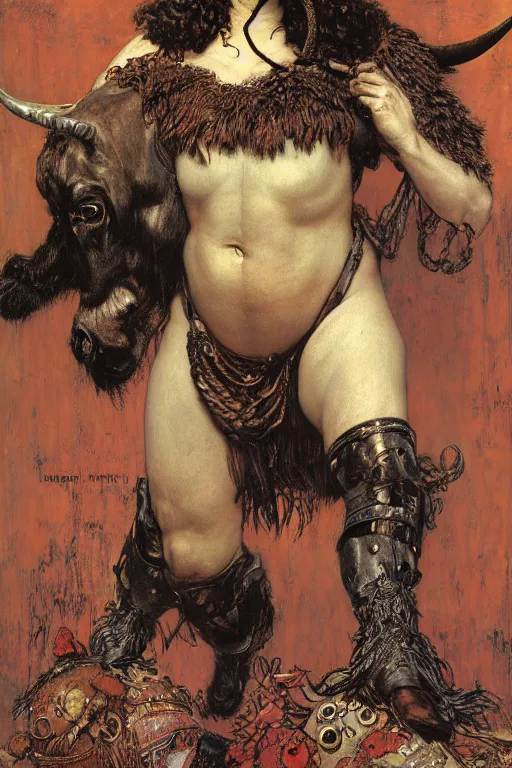 Image similar to full length portrait of bull headed monster, by lawrence alma tadema and rick berry and norman rockwell and jason fabok and everett raymond kinstler