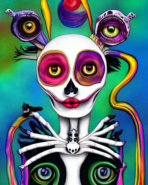 Prompt: a surrealistic head and shoulder painting of a gorgeous female skeleton with cat eyeballs and lipstick and hoodie, in the style of salvador dali, digital art, detailed masterpiece