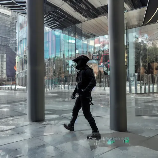 Image similar to dark wizard from mu online running through costanera center in santiago de chile, cyberpunk art