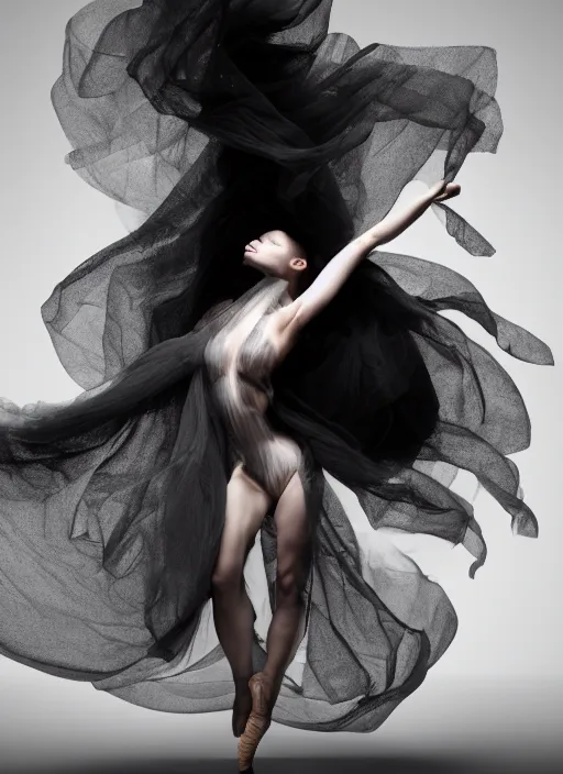 Prompt: a Photorealistic dramatic hyperrealistic render of a glamorous beautiful Female smoke dancer with perfect human form by Ken Brower and Deborah Ory of NYC Dance project,Lois Greenfield,Flowing cloth and smoke,Beautiful dynamic dramatic dark moody lighting,volumetric,shadows,cinematic atmosphere,Octane render,8K