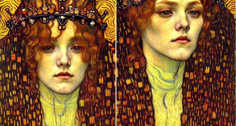 Image similar to detailed realistic beautiful young medieval queen face portrait by jean delville, gustav klimt and vincent van gogh, art nouveau, symbolist, visionary, gothic, pre - raphaelite, muted earthy colors, desaturated