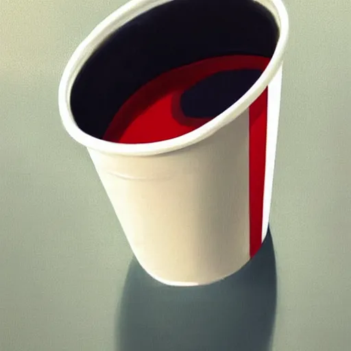 Image similar to white paper cup with red strip as a character!!!, hyperrealistic, highly detailed, cinematic, volumetric sunlight, beautiful, cgssociety, artstation, 8 k, oil painting by greg rutkowski, by artgerm, by wlop