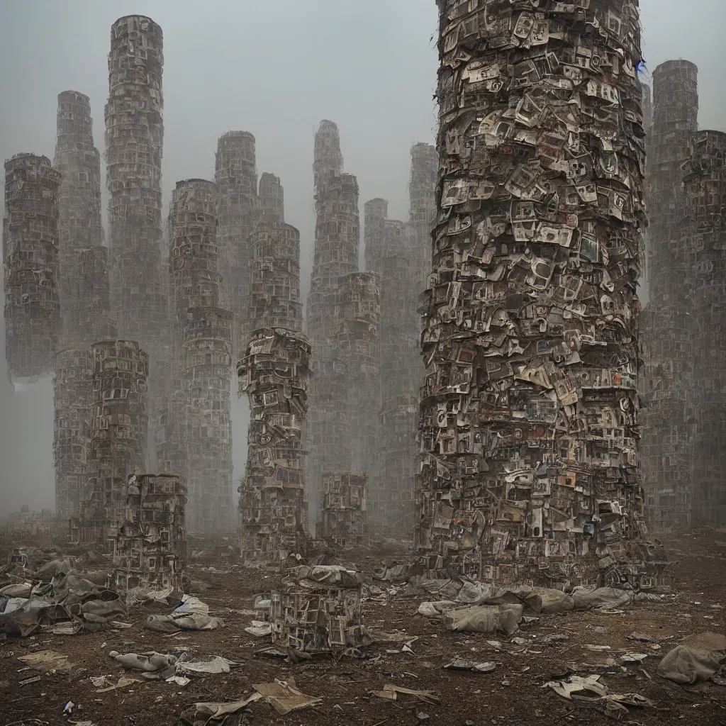 Image similar to circular towers, made up of makeshift squatter housing with faded colours, apocalyptic sky, misty, dystopia, mamiya rb 6 7, fully frontal view, ultra sharp, very detailed, photographed by julie blackmon