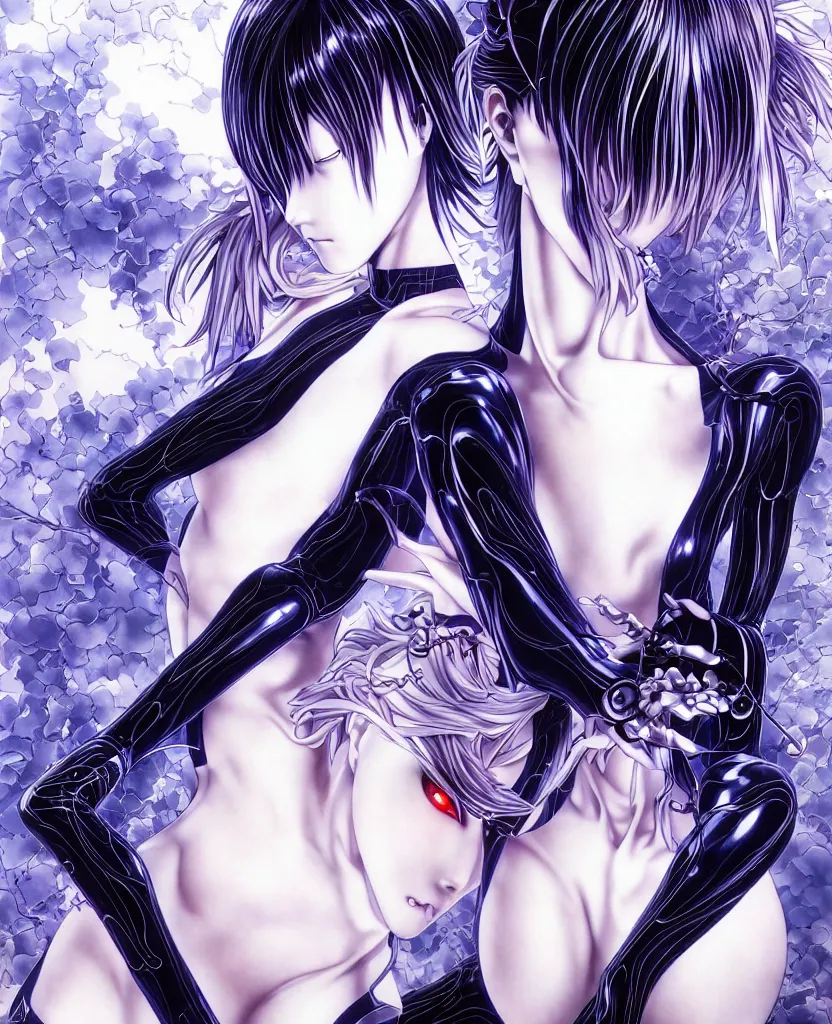 Image similar to symmetrical. realistic detailed image of anime portrait, realistic detailed male character, rei ayanami, black plugsuit, depth perception, vivid colors, masterpiece, depth of field, gothic, digital art. art by yoshitaka amano, by yukito kishiro, by yoshiyuki sadamoto, by artgerm, by hajime sorayama