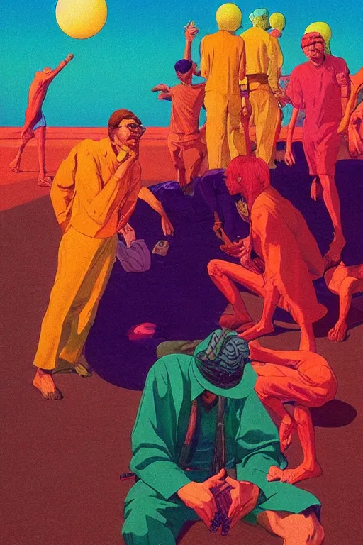 Prompt: a colorful vibrant closeup portrait of The Beach Boys licking a tab of LSD acid on his tongue and dreaming psychedelic hallucinations, by kawase hasui, moebius, Edward Hopper and James Gilleard, Zdzislaw Beksinski, Steven Outram colorful flat surreal design, hd, 8k, artstation