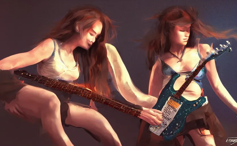 Prompt: rockstar girl playing electric guitar on stage. by amano yoshitaka, digital art, digital painting, artstation trending, unreal engine, by rembrandt