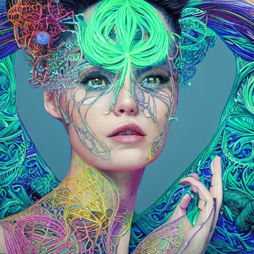 Image similar to the portrait of a ridiculously beautiful and elegant european woman partially made of onion rings of all colors, an ultrafine detailed illustration by james jean, final fantasy, intricate linework, bright colors, behance contest winner, vanitas, angular, altermodern, unreal engine 5 highly rendered, global illumination, radiant light, detailed and intricate environment