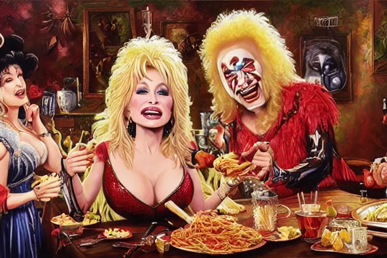 Prompt: dolly parton having a spaghetti dinner with gene simmons in kiss makeup, an oil painting by ross tran and thomas kincade