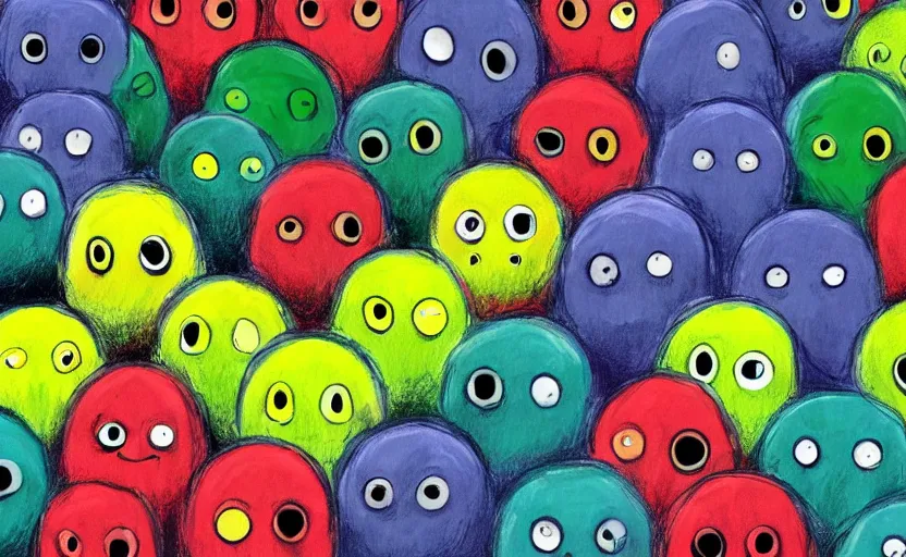 Image similar to an army of differnt tennis ball monsters, colorful, digital art, fantasy, magic, chalk, trending on artstation, ultra detailed, professional illustration by basil gogos