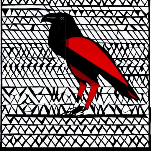 Image similar to broad strokes black and white and red color scheme geometric girl and raven , high quality art in the style of pacific northwest HAIDA art,