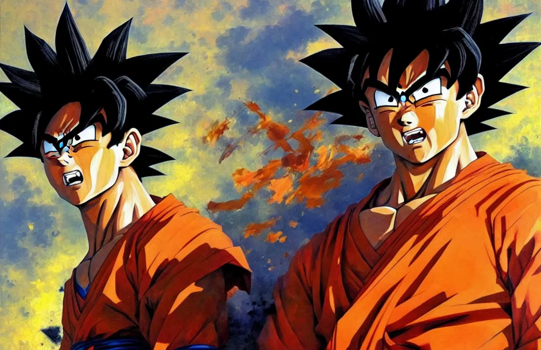 Image similar to portrait of son goku!!!!!!!!!!!!!!!!!!!!!!!!!!!, detailed face, detailed painting,, epic lighting, by ilya repin, phil hale and kent williams