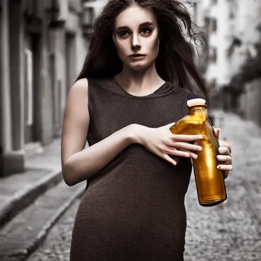 Image similar to photograph of woman holding a bottle in street, fashion shoot, award winning, kodak, 4 k, realistic intricate detail, hyper detail, woman very tired, full body potrait holding bottle, hazel green eyes, realistic, highlydetailed, natural, masterpiece, sharp focus, jennysaville