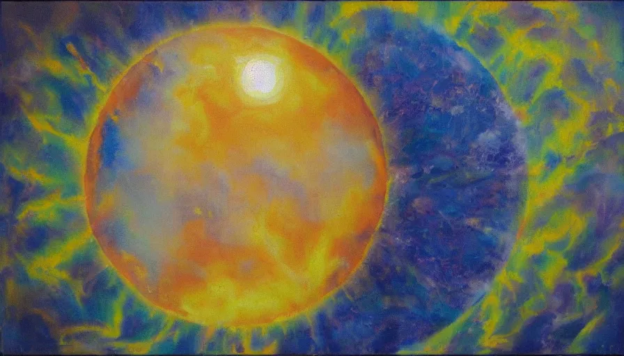 Prompt: the sun seen from earth with a hexagon in front, oil painting