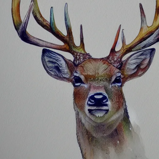 Image similar to water color and pen, high resolution, detailed, trending on artstation, deer