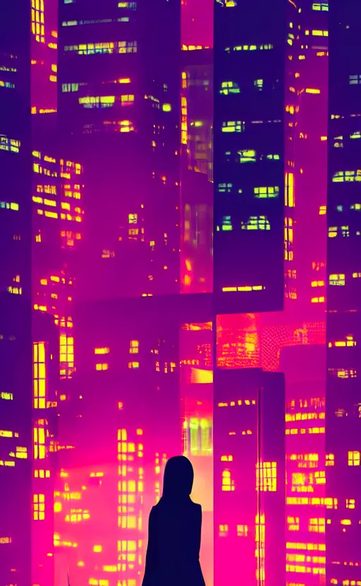 Image similar to vertical movie frame, silhouette of a girl in 7 0's retro club, editorial, fashion, neon - decorated urban on night in the city seen through the window, modern architecture design, vintage, night, blade runner, dark, clean lines, asian futuristic city at distance, big windows, octane, wide angle