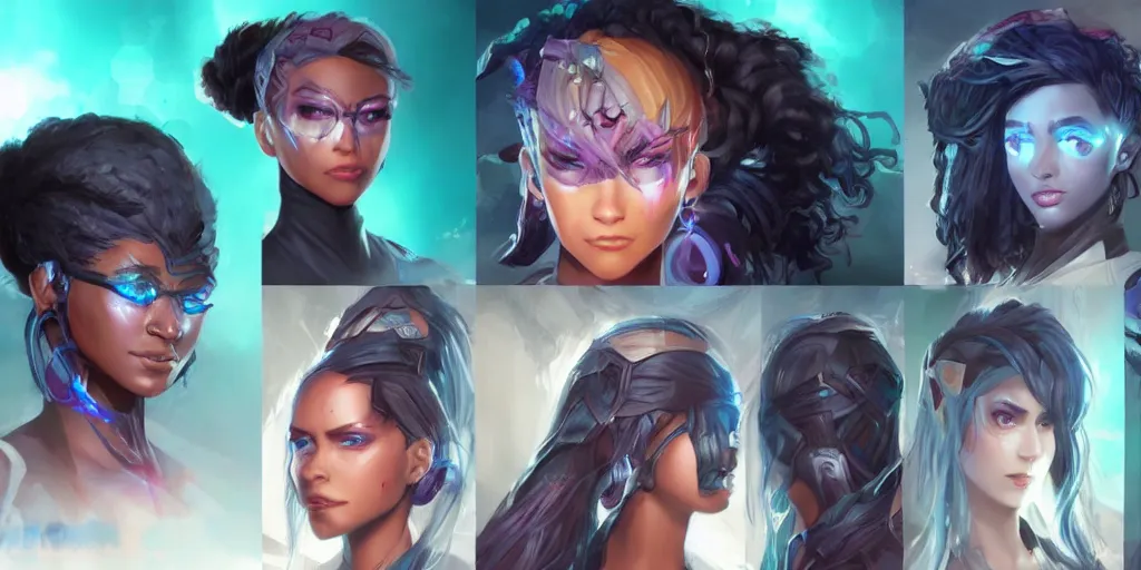 Image similar to concept art of young black female netrunner d & d video game characters head designs, unique hair designs, by marc brunet and artgerm