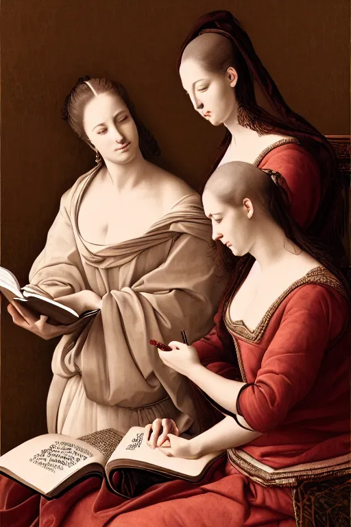 Image similar to portrait of two wise and very beautiful women reviewing some texts, art by tiziano, intricate, elegant, highly detailed, smooth, sharp focus, artstation